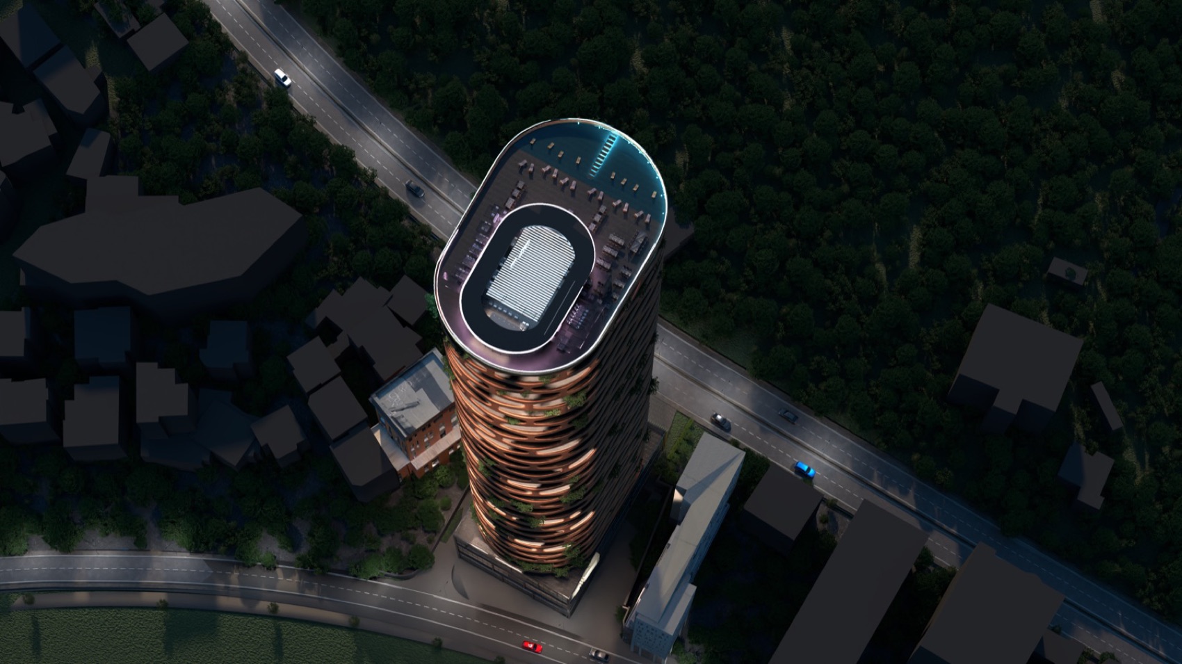 Aerial view of TET Tower at dusk