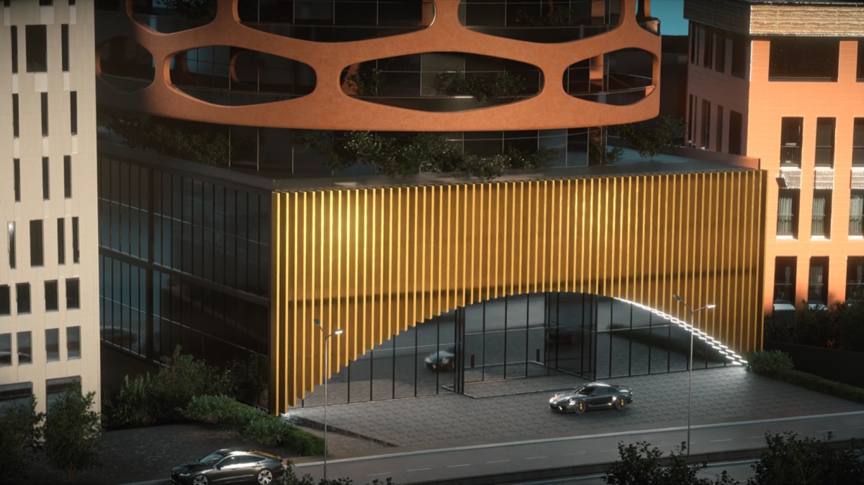 TET Tower ground-floor entrance, retail podium and reception