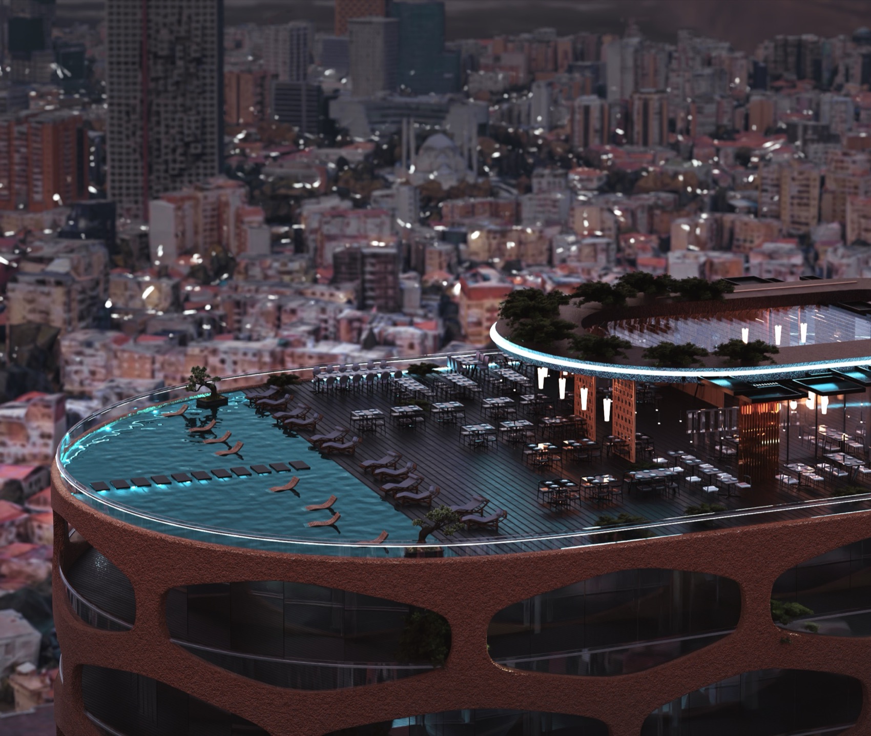 Rooftop pool at dusk