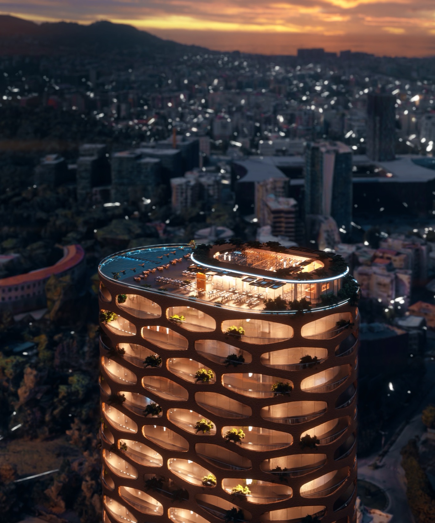 The tower illuminated at night